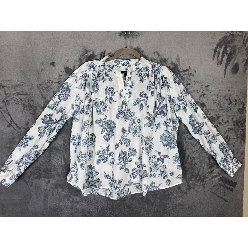 Ann Taylor Blue Floral Cotton Blouse Long Sleeve Split Neck White Top Size M - Picture 2 of 10